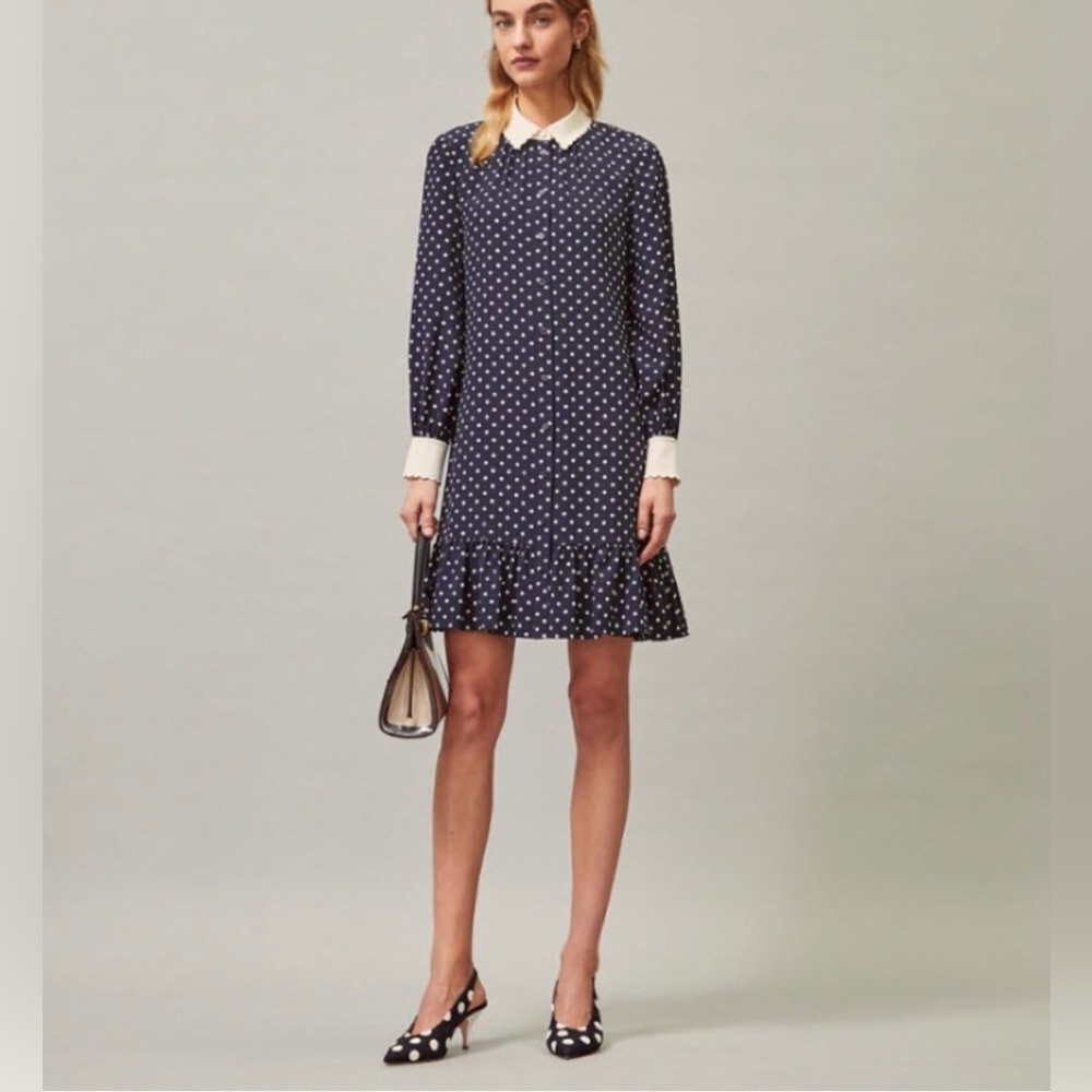 Tory Burch Navy Polka Dot Mini Dress with White Collar & Cuffs